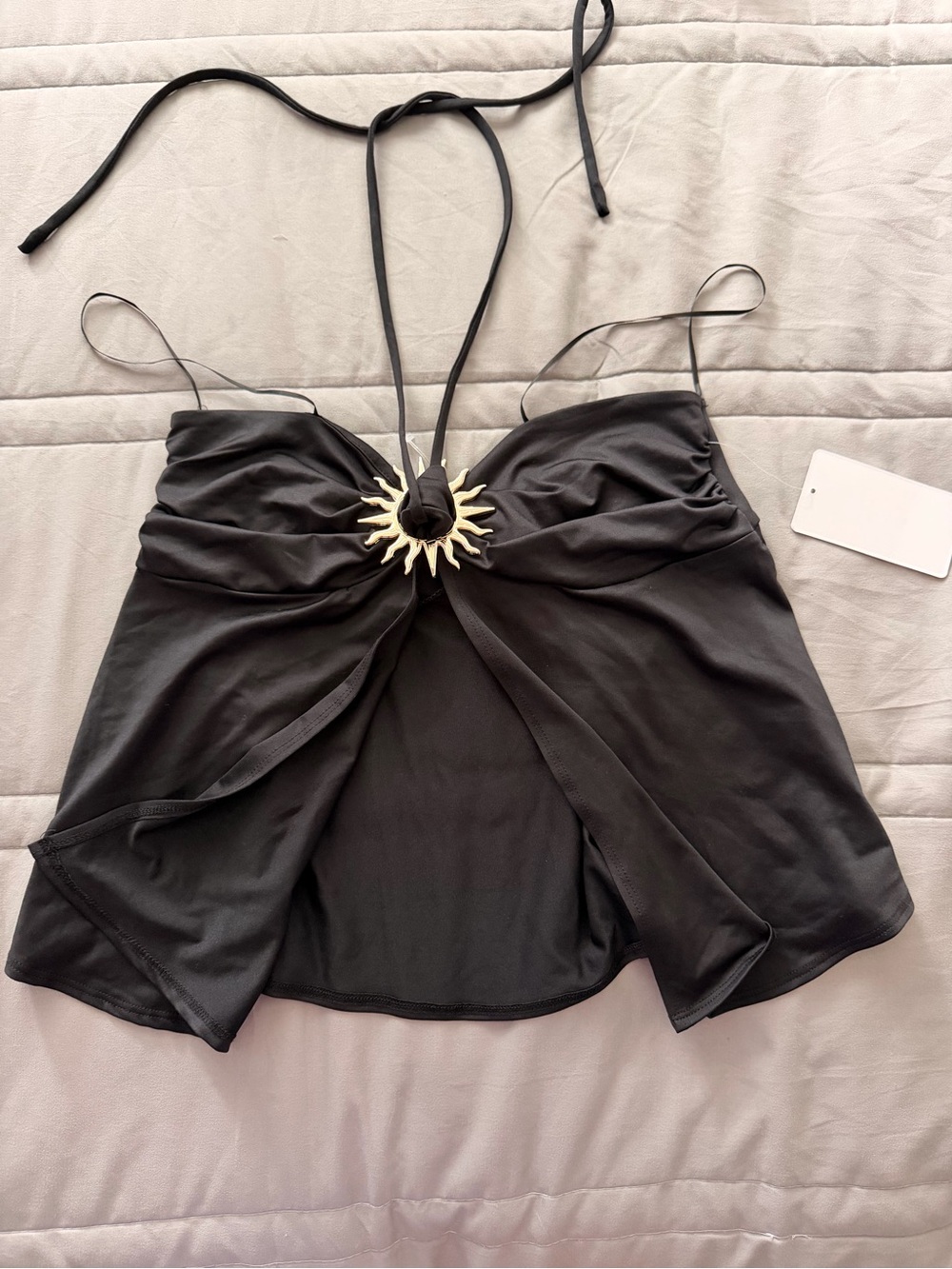 Women's Black Halter Sunburst Detail Top